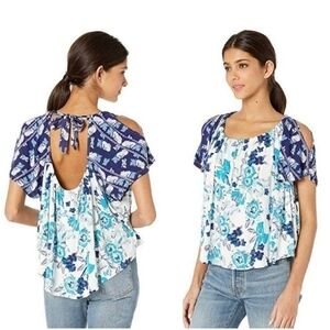 Free People Blue Floral Boho Baja Babe Open Tie Back Cold Shoulder Top XS NWT